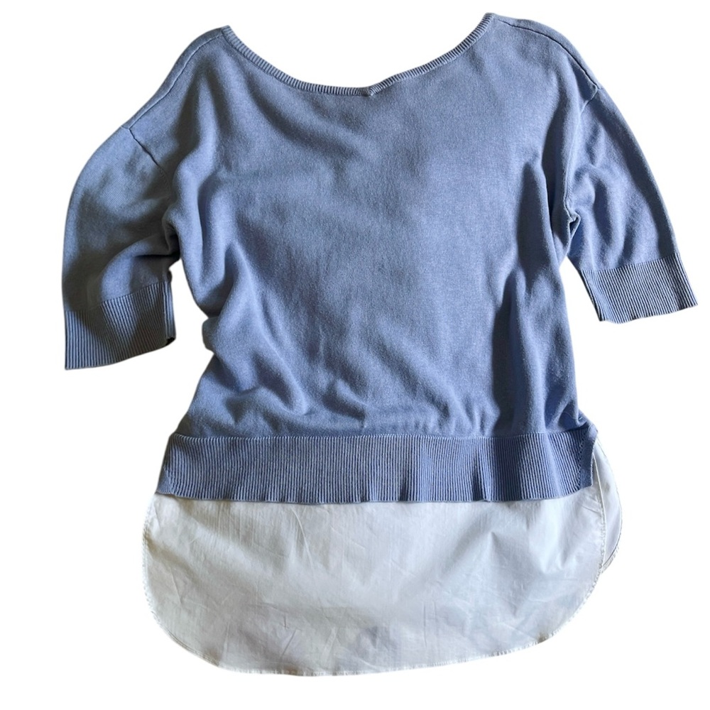 boat neck half sleeve blue sweater blouse with faux dress shirt hem